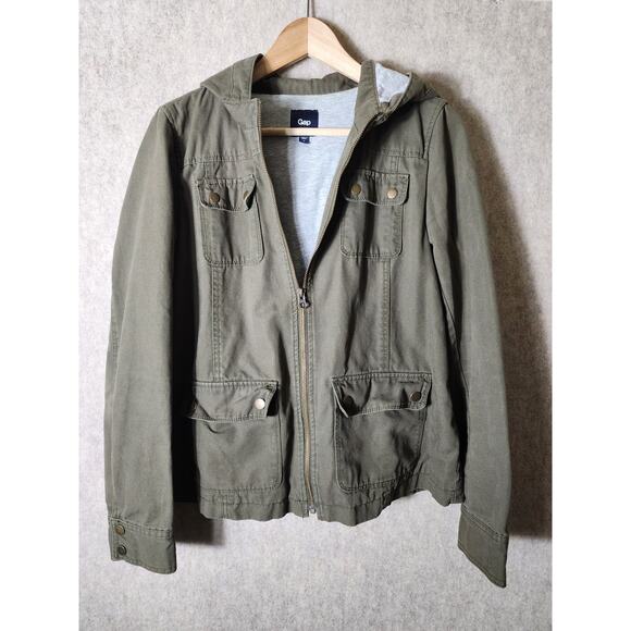GAP Army Green Casual Utility Cargo Pockets Gray Hood Medium Weight Jacket SZ M - Picture 1 of 9